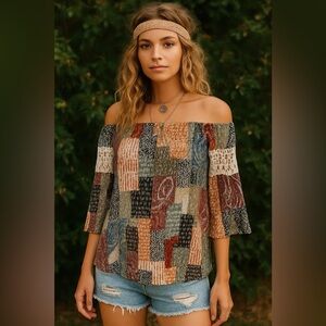 Audrey 3+1 Boho Patchwork Off-Shoulder Tunic Dress – Size Medium